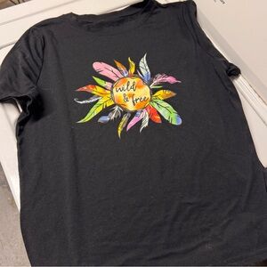 Chic Nation Black Tee with Colorful Feather Design